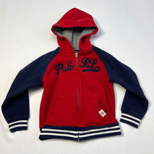 Boys Polo Ralph Lauren Hoodie Youth Size 5 Spell out Pony Blue Red Logo Full Zip